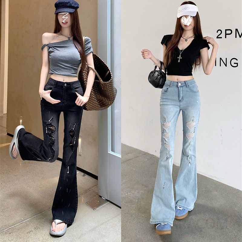 블랙 하이웨이스트 플레어진 가을용 슬림핏 데님 팬츠 여성 와이드 청바지 스타일리시한 디자인 청바지 트렌디한 착용감 - 상품 이미지