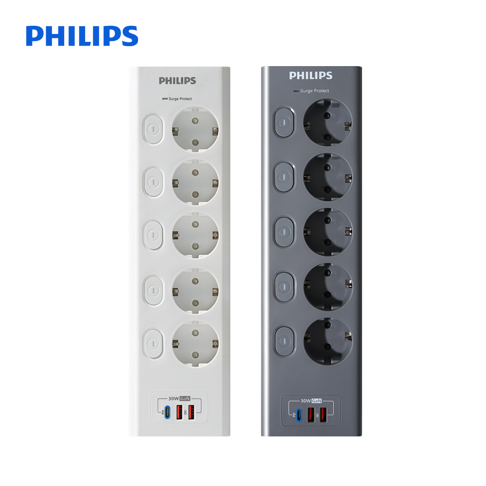 필립스 멀티탭 고용량 맥스플러스 5구 USB 2M GaN 30W 서지보호 개별 스위치 안전 접지 과부하차단 - 상품 이미지