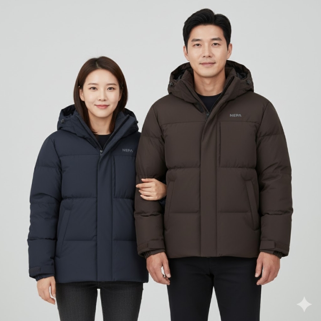 네파 겨울 공용 방풍 바람막이 아웃도어 구스다운 커플 패딩점퍼 - 상품 이미지