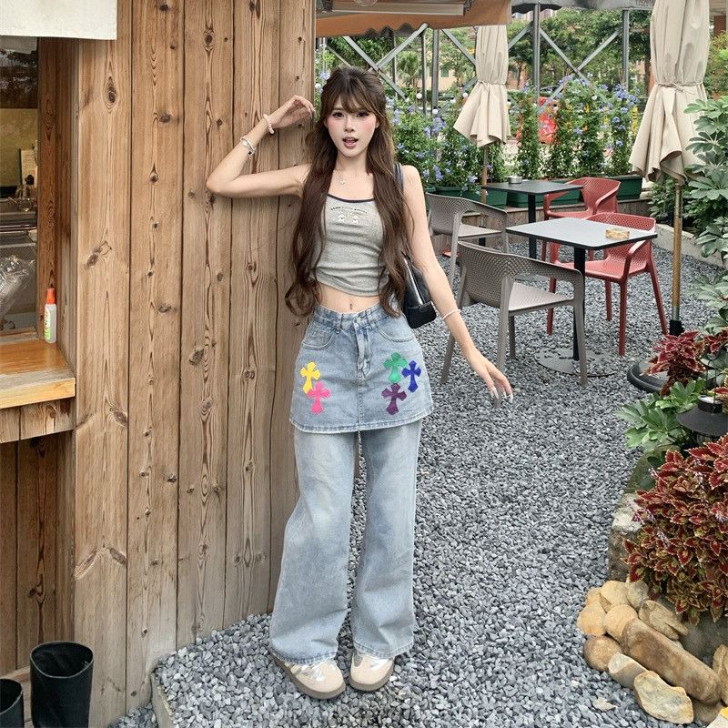 가을 여성 슬림핏 청바지 스타일리시 레트로 자수 스트레이트 데님팬츠 편안한 착용감 및 데일리룩 - 상세 이미지 4