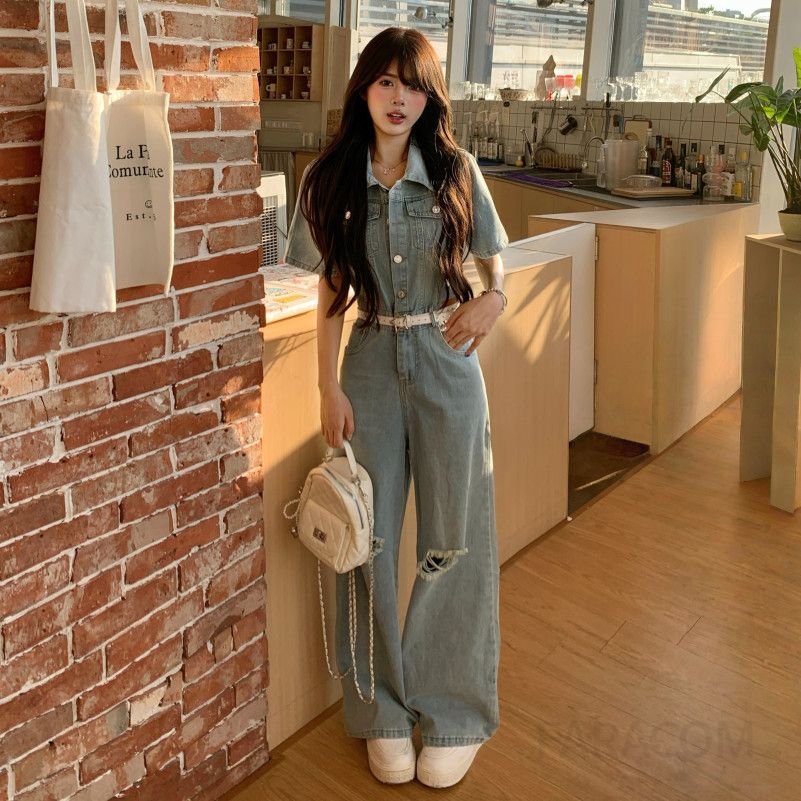 여성 데님 와이드 점프수트 여름용 루즈핏 빈티지 스타일 캐주얼 멜빵바지 편안한 착용감 디자인 - 상세 이미지 4