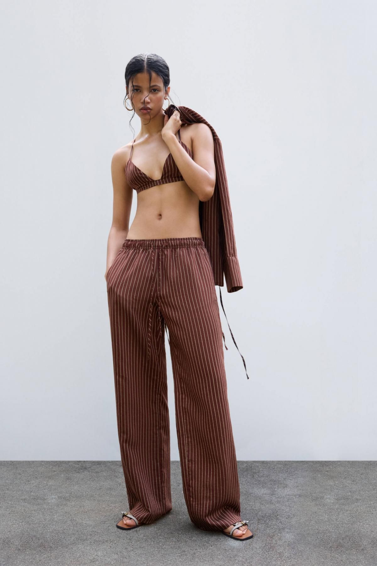 풀앤베어 스트라이프 와이드 파자마 스타일 팬츠 브라운 7675/405 BURGUNDY - 상세 이미지 2
