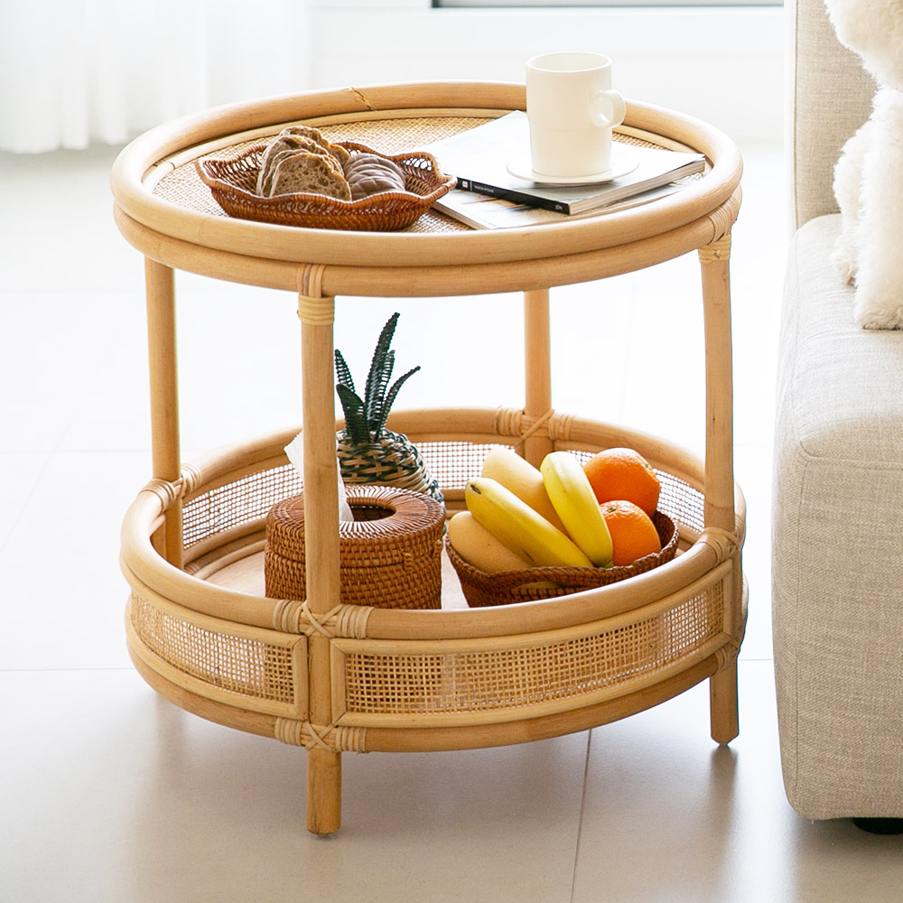 라탄 티테이블 쇼파 침대 간이 거실협탁 보조 원형 카페 감성 원목 빈티지