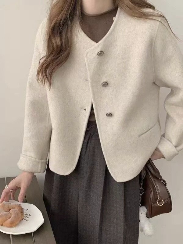 여성 노카라 라운드 핸드메이크 울 코트 포켓 숏 코트 - 상세 이미지 4