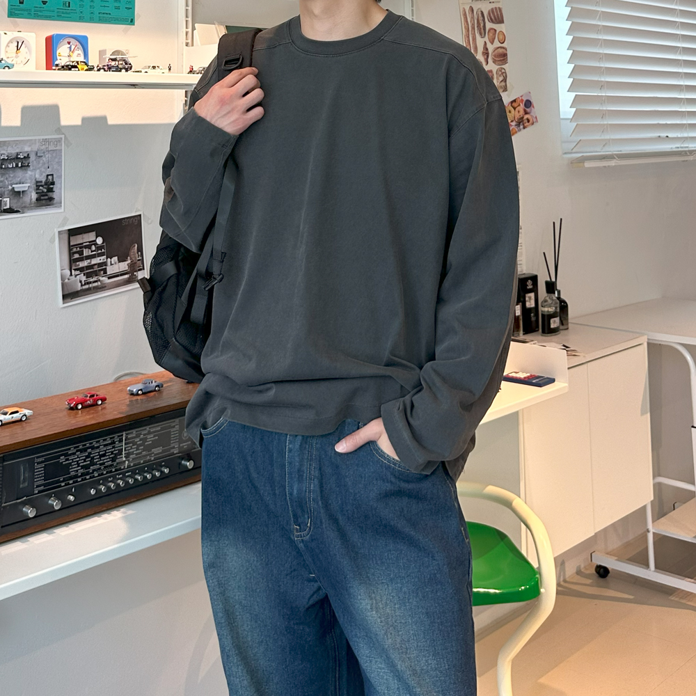 남자 긴팔티 피그먼트 오버핏 절개 이너 레이어드 티셔츠 - 상세 이미지 2