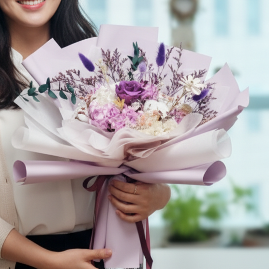 프리저브드플라워 드라이플라워 장미 졸업식 꽃다발 시들지않는꽃 꽃선물 수페리어보라장미 제품 이미지