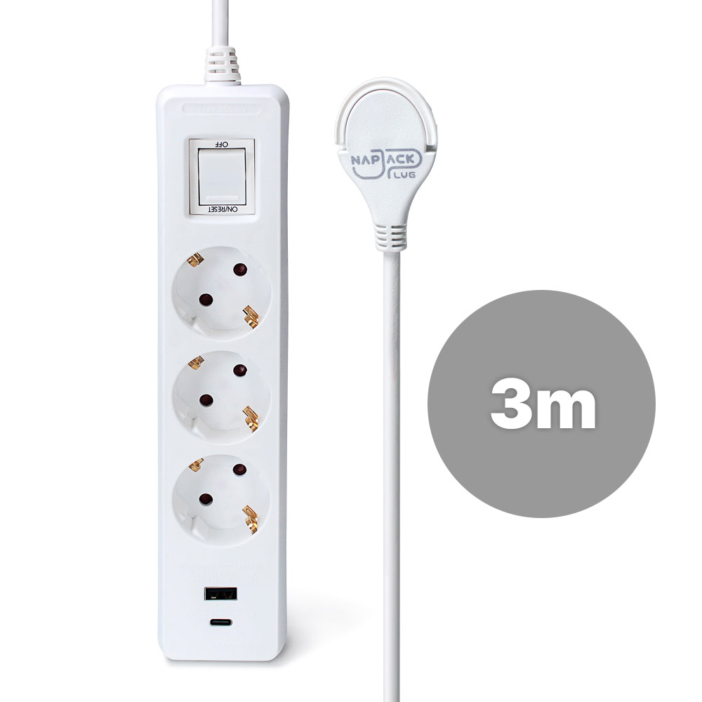러그박스 3구 멀티탭 USB-C 타입 납작 플러그 안전커버 포함 3m, 화이트, 1개