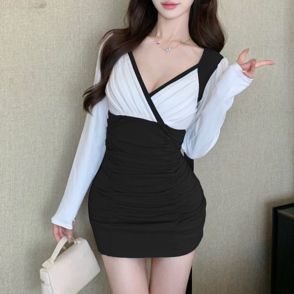 라모른 셔링원피스 섹시 미니 긴팔 AH1385 - 상세 이미지 5