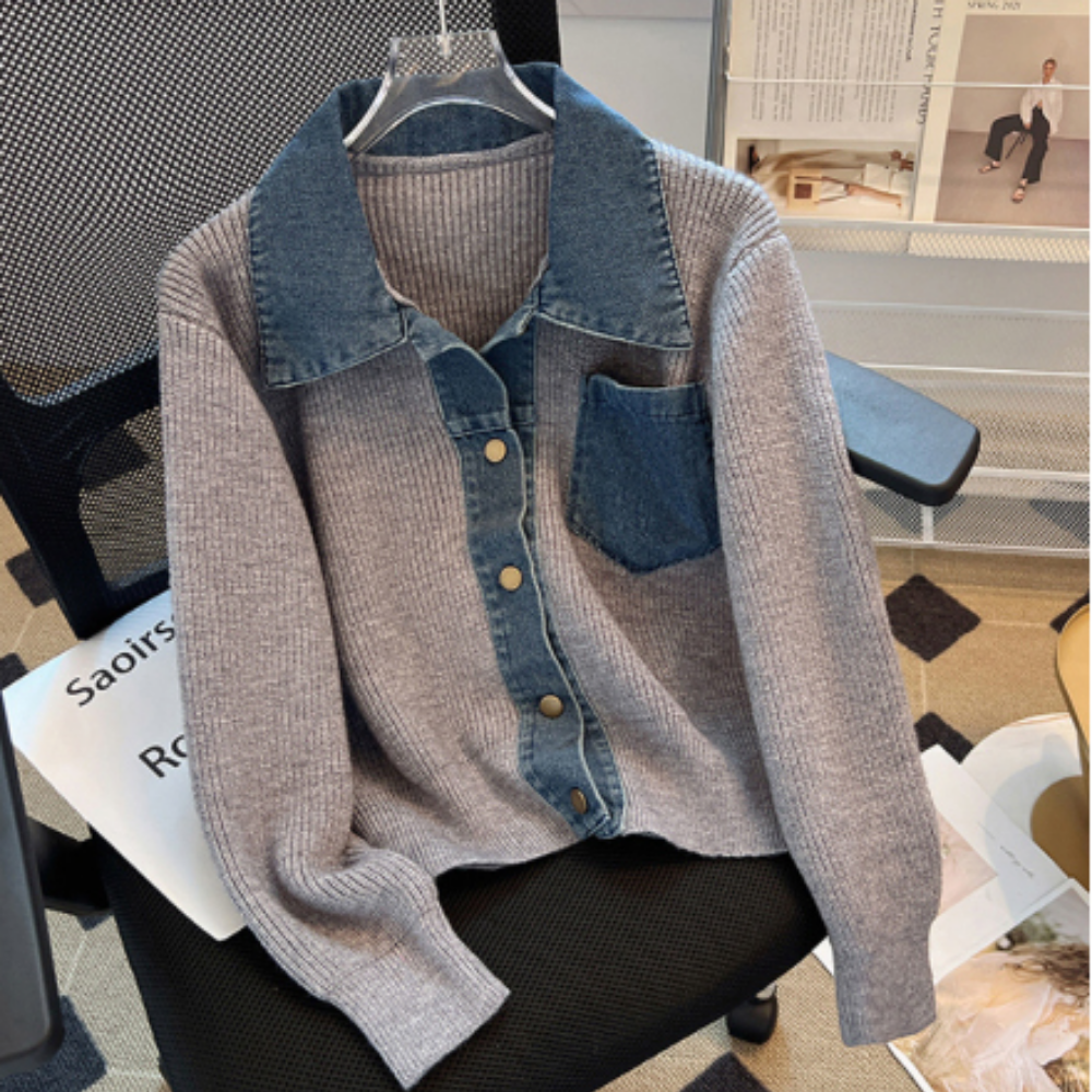 25FW 데님 카라 배색 니트 가디건 2Color - 상세 이미지 2