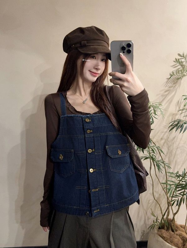 여성 데님 서스펜더 조끼 포켓 디자인 레이어드용 봄여름 캐주얼 스타일 오버핏 민소매 자켓 - 상세 이미지 3
