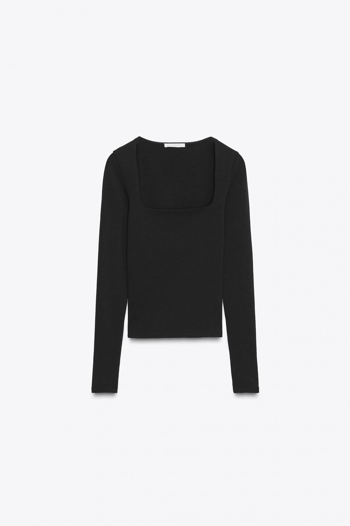 자라 미니멀 골지 스퀘어넥 긴팔 티셔츠 4424/800 BLACK - 메인 이미지