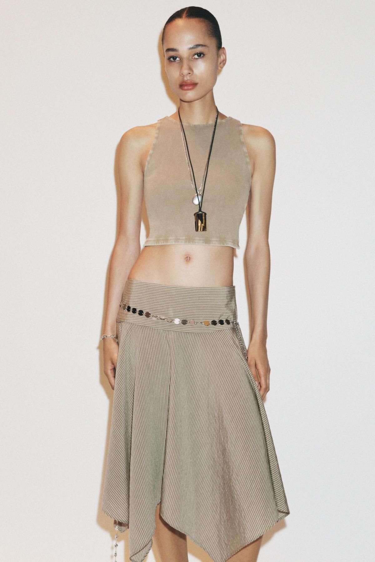 자라 스트라이프 언밸런스 벨트 미디 스커트 6929/500 BEIGE-BROWN - 상세 이미지 3