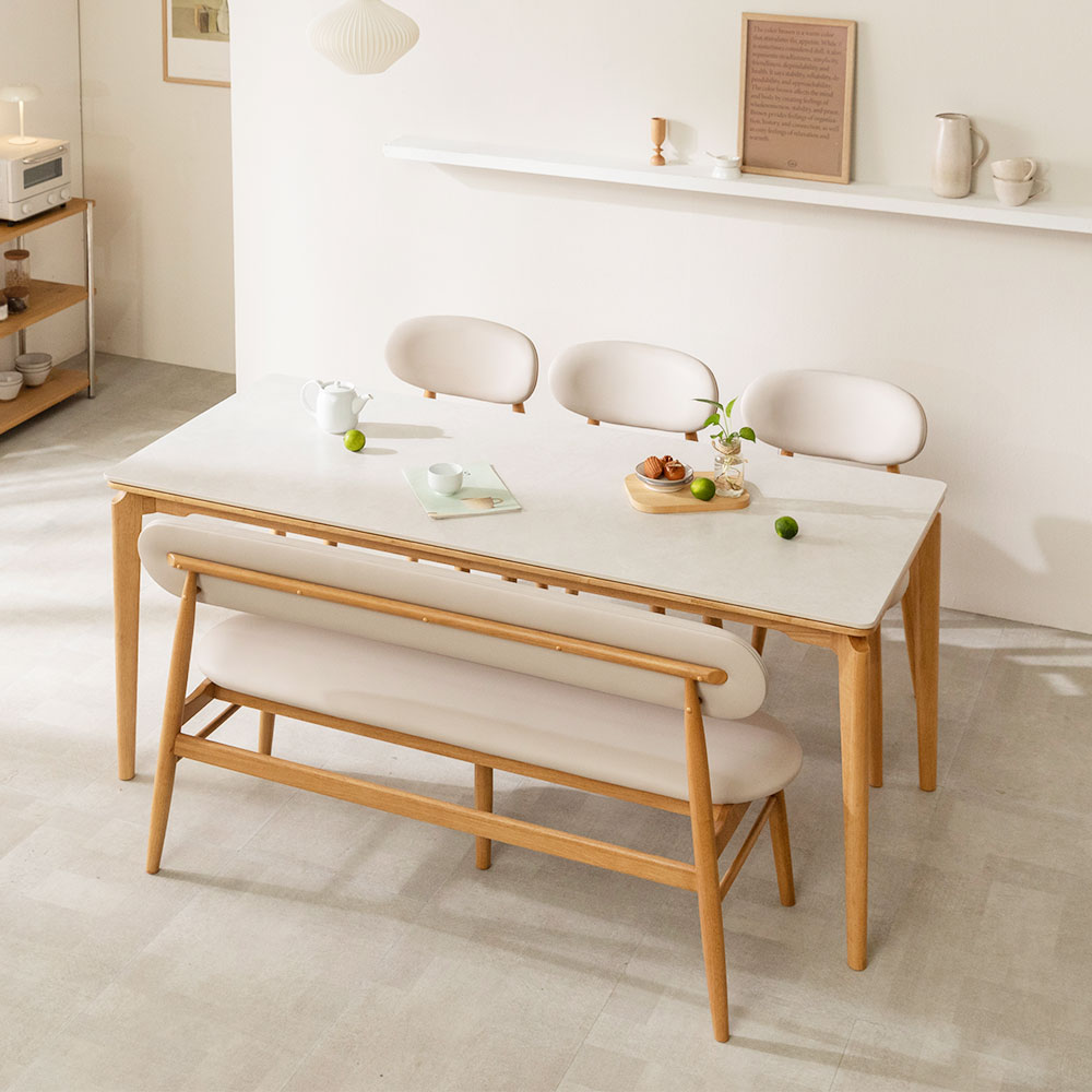 장인가구 해롤드 원목 세라믹 다이닝 테이블 2인 4인 6인 식탁세트 식탁+의자2+등받이벤치1, 1400mm, 내추럴프레임 베이지상판