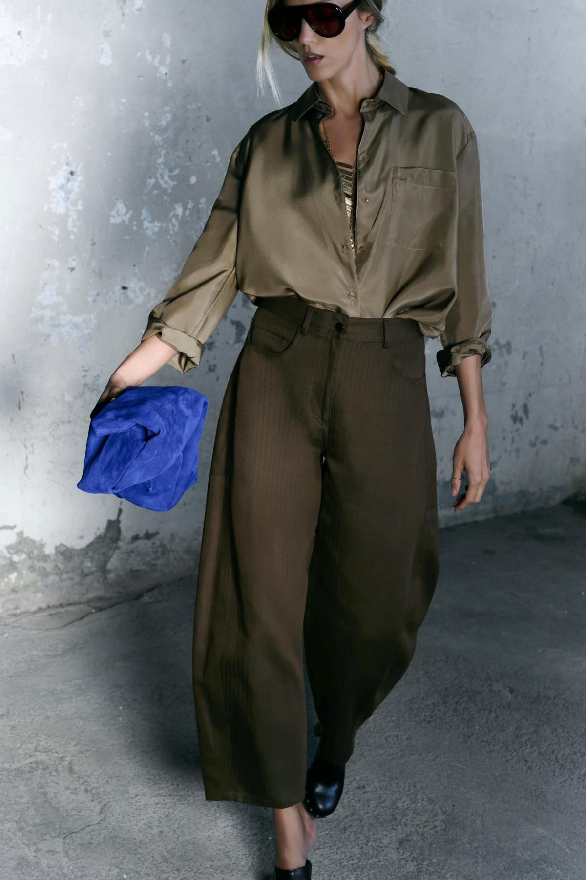 자라 테크니컬 헤링본 린넨 와이드 팬츠 7563/257 DARK BROWN - 상세 이미지 3