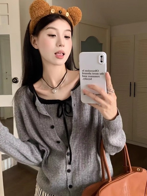 니트나시 라운드넥가디건 투피스세트 캐주얼 봄가을 예쁜 귀여운 디자인 베이지오트밀 - 상세 이미지 5