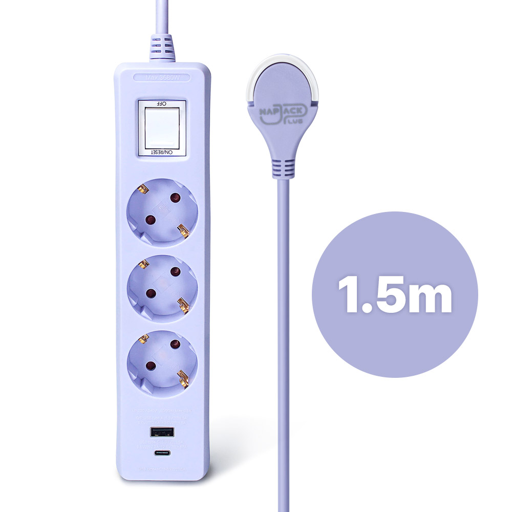 러그박스 3구 멀티탭 USB-C 타입 납작 플러그 안전커버 포함 1.5m, 퍼플, 1개 - 상품 이미지