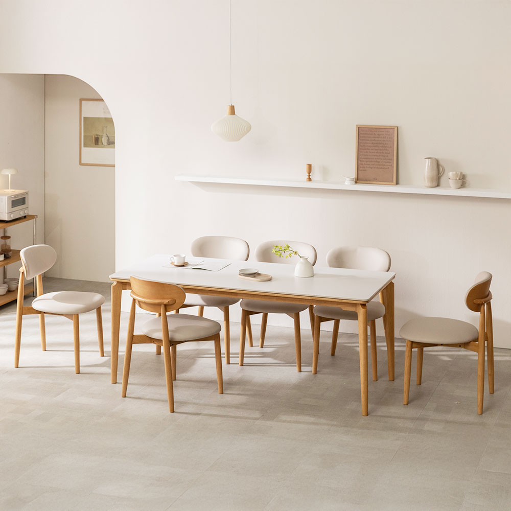 [무료내림] 장인가구 해롤드 원목 세라믹 다이닝 테이블 2인 4인 6인 식탁세트 식탁+의자6, 1800mm, 내추럴프레임 베이지상판