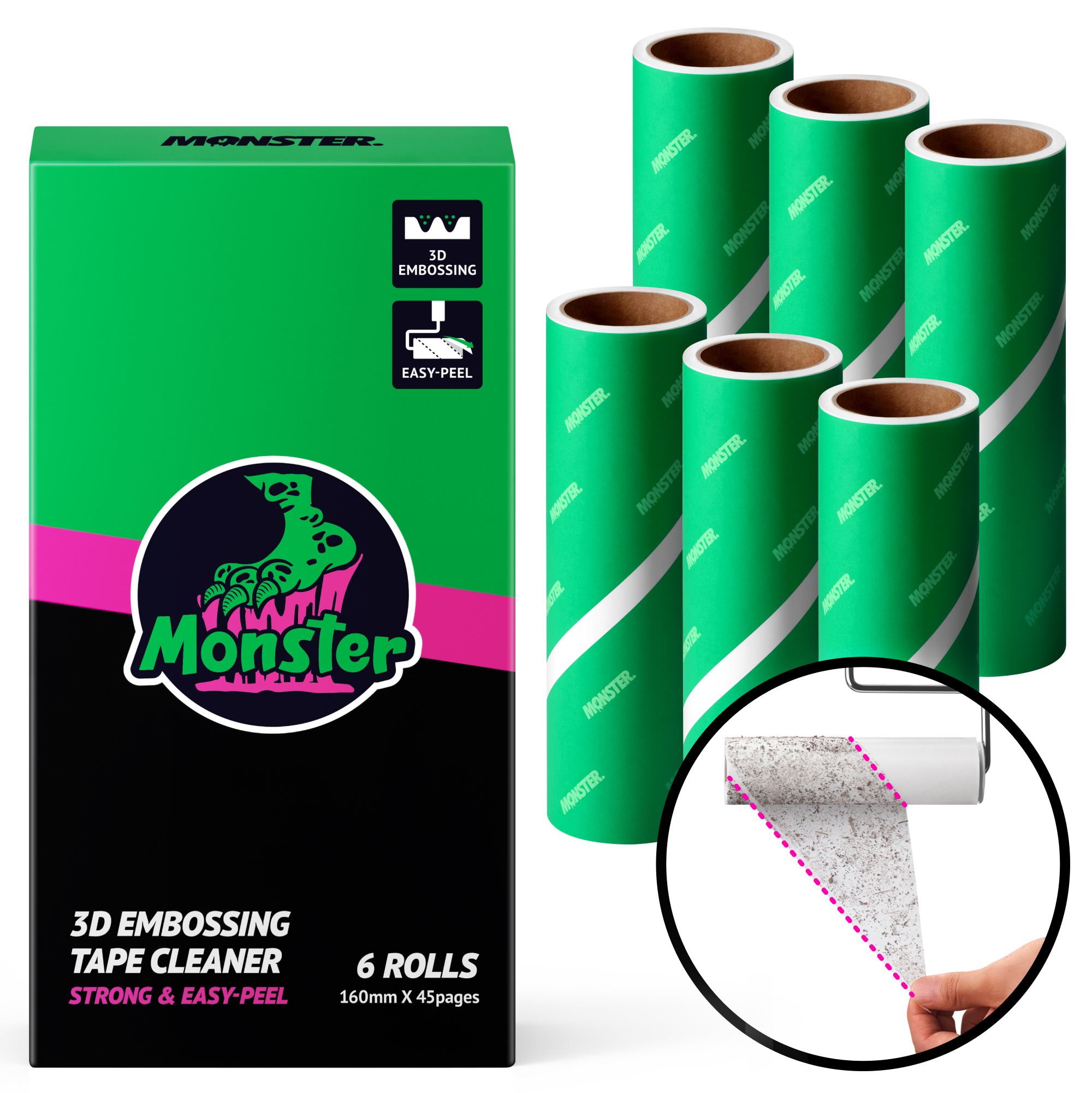 몬스터 겔 사선컷팅 돌돌이 테이프클리너 리필 3D 엠보싱 초강력 먼지제거 바닥클리너 6개 제품 이미지