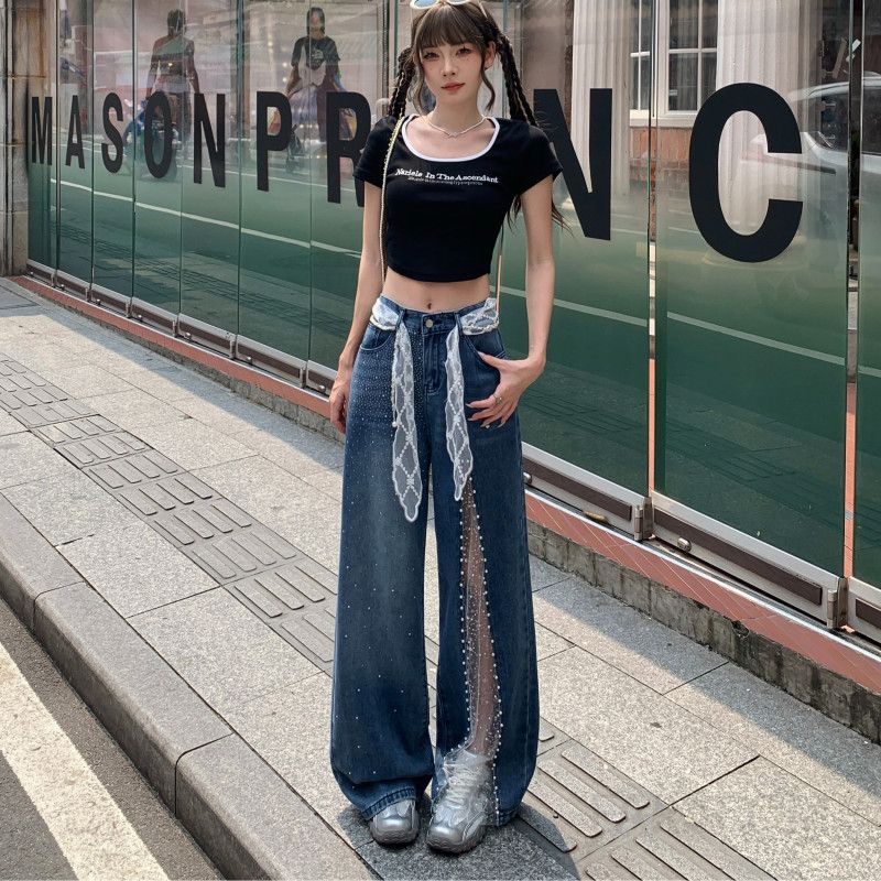 레이스 스플라이싱 여성 와이드 청바지 데님 진 여름 캐주얼 팬츠 시원한 착용감 다용도 스타일 편안한 외출용 디자인 - 상세 이미지 3