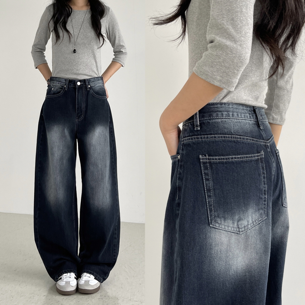 여성와이드청바지 벌룬핏 봄 가을 하이웨스트 진청 워싱 통 데님팬츠 잉크플로우 벌룬데님 - 상품 이미지