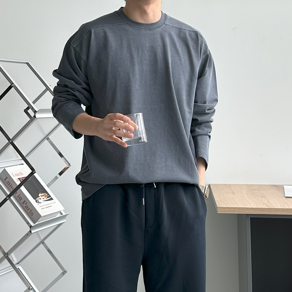 남자 긴팔티 피그먼트 오버핏 절개 이너 레이어드 티셔츠 - 상세 이미지 5