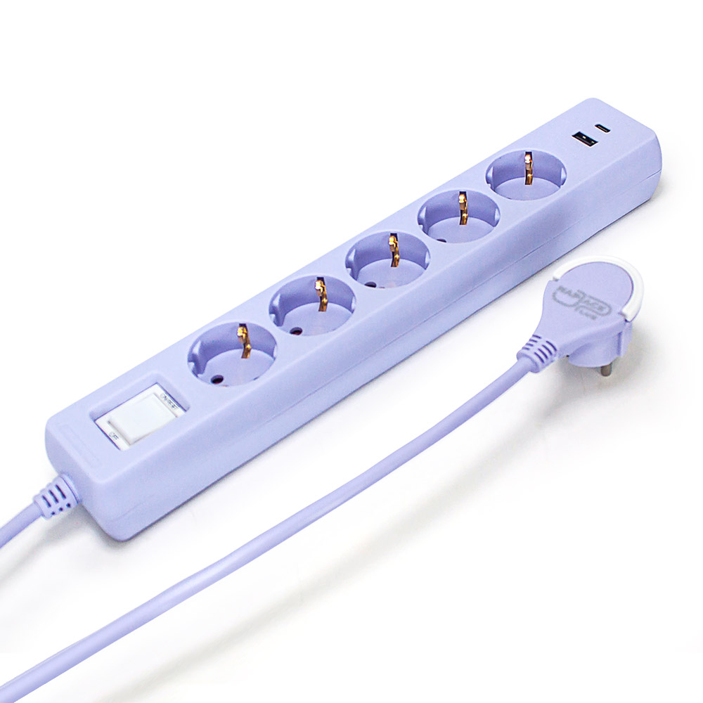 러그박스 5구 멀티탭 USB-C 타입 납작 플러그 안전커버 포함 1.5m, 퍼플, 1개 - 상세 이미지 2