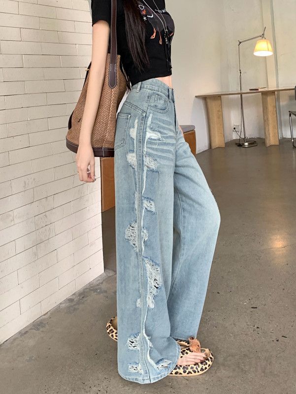 가을 여성 루즈핏 데님 와이드 청바지 레트로 스타일 찢어진 디테일 편안한 착용감 스트레이트 핏 캐주얼 팬츠 데일리룩 - 상세 이미지 2