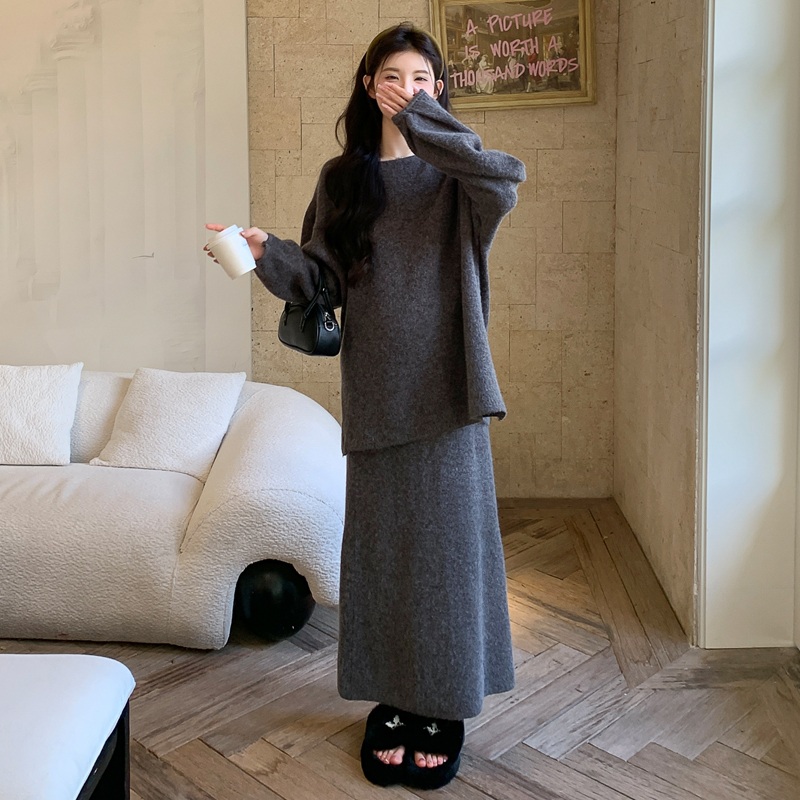 라운드넥긴팔스웨터 밴딩롱스커트 투피스세트 뒷면단추포인트 통통녀 예쁜 디자인 겨울 3컬러 - 상세 이미지 4