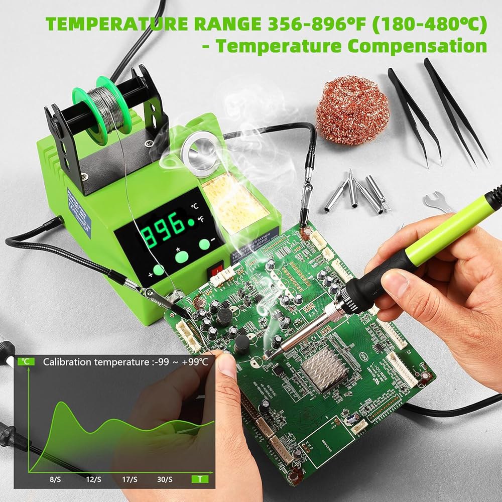 납땜 스테이션, 100W 디지털 디스플레이 아이언 스테이션 키트, 헬핑 핸즈 2개 포함, 356 F - 896 F, 자동 슬립, C / F 변환, 와이어, 팁, 스탠드, 펌프, - 상세 이미지 3