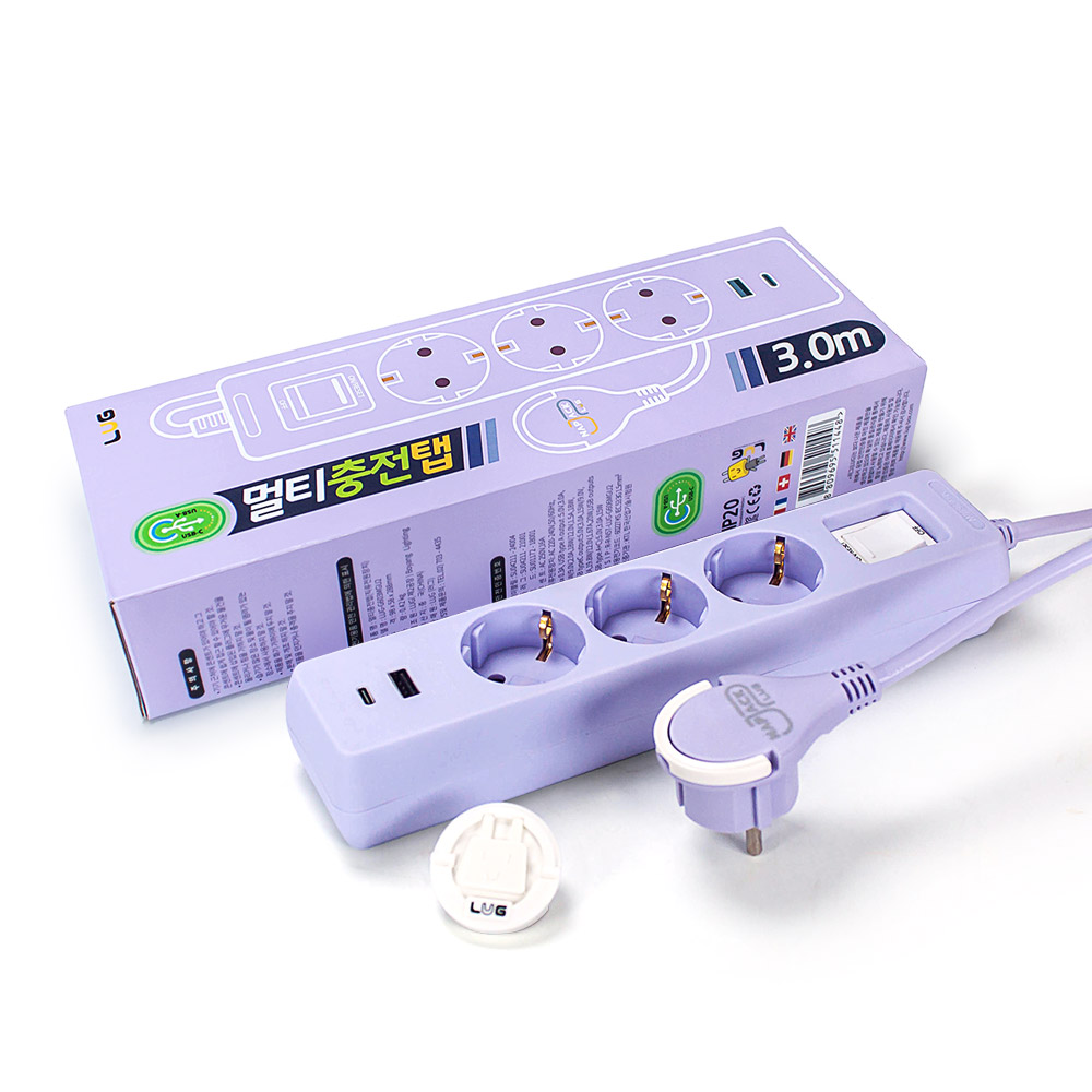 러그박스 3구 멀티탭 USB-C 타입 납작 플러그 안전커버 포함 3m, 퍼플, 1개 - 상세 이미지 3