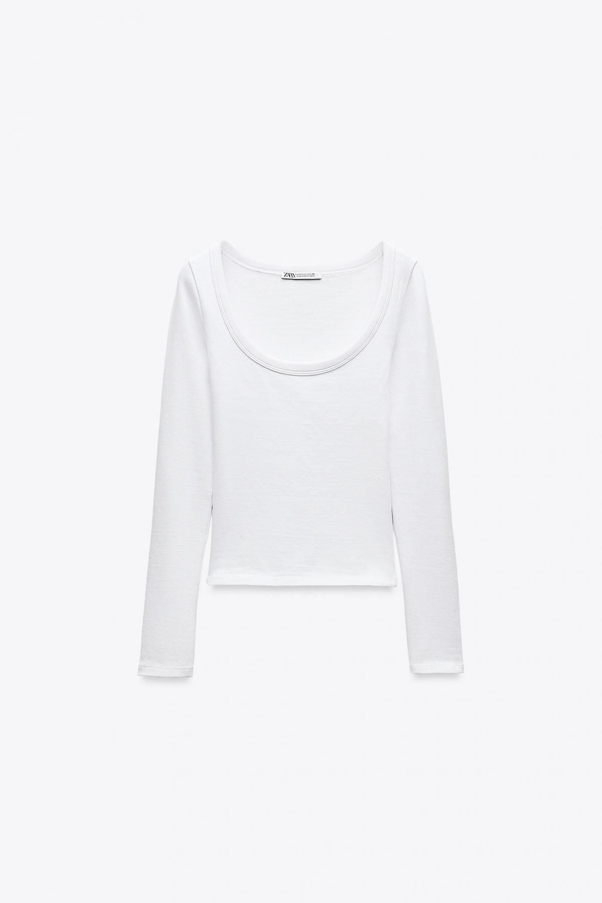 자라 슬림핏 라운드넥 립 롱슬리브 티셔츠 4424/811 WHITE - 메인 이미지