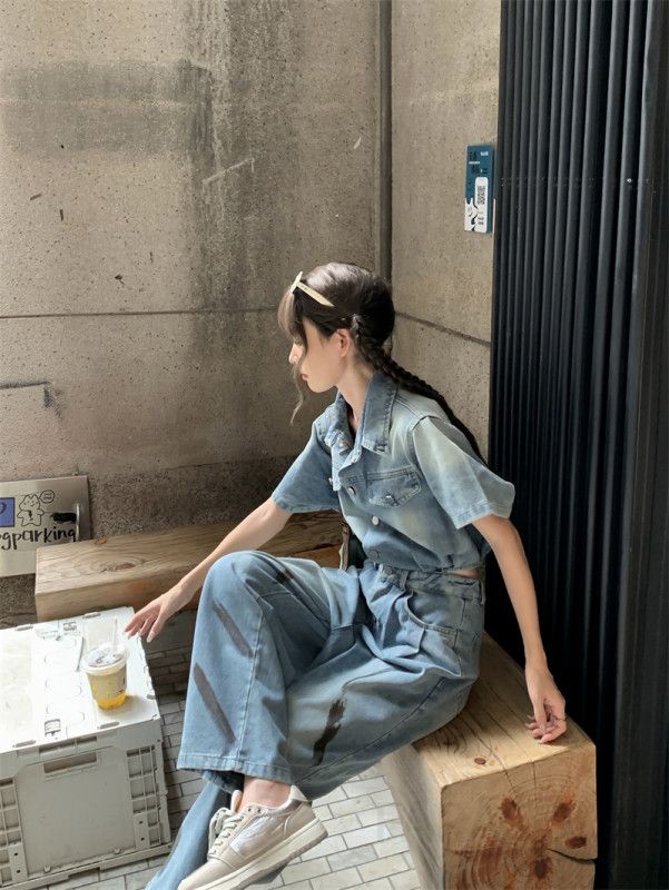 여름 여성 데님 점프수트 캐주얼 복고풍 멋스러운 스타일 시원한 착용감 외출용 데일리룩 매력적인 디자인 팬츠형 오버롤 - 상세 이미지 2