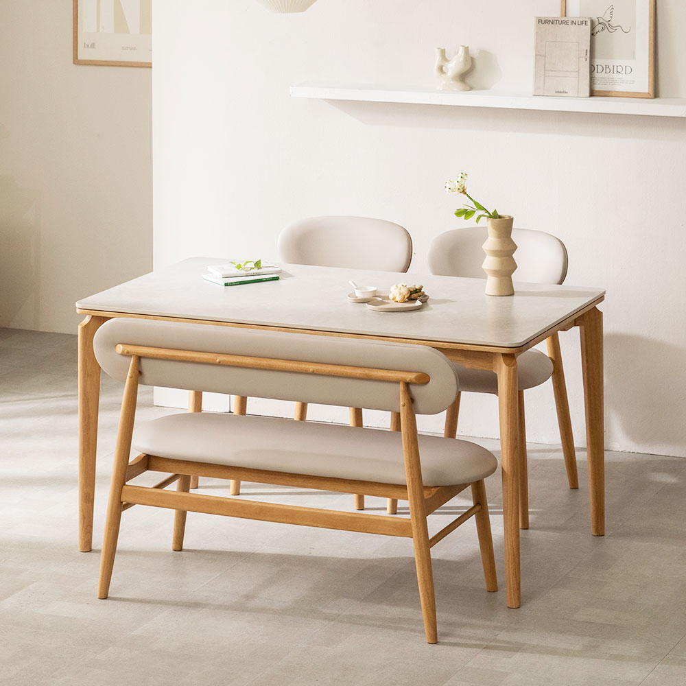 장인가구 해롤드 원목 세라믹 다이닝 테이블 2인 4인 6인 식탁세트 식탁+의자2+등받이벤치1, 1400mm, 내추럴프레임 베이지상판