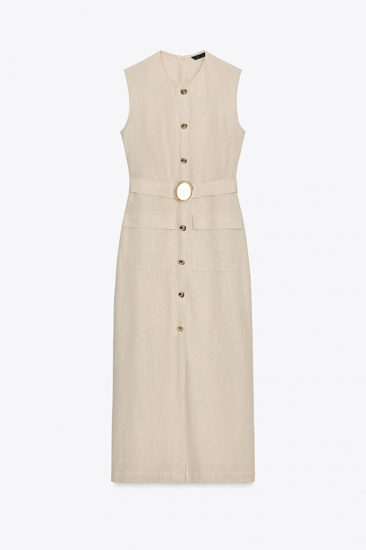 자라 린넨블렌드 벨티드 미디 원피스 3721/939 LIGHT BEIGE - 메인 이미지