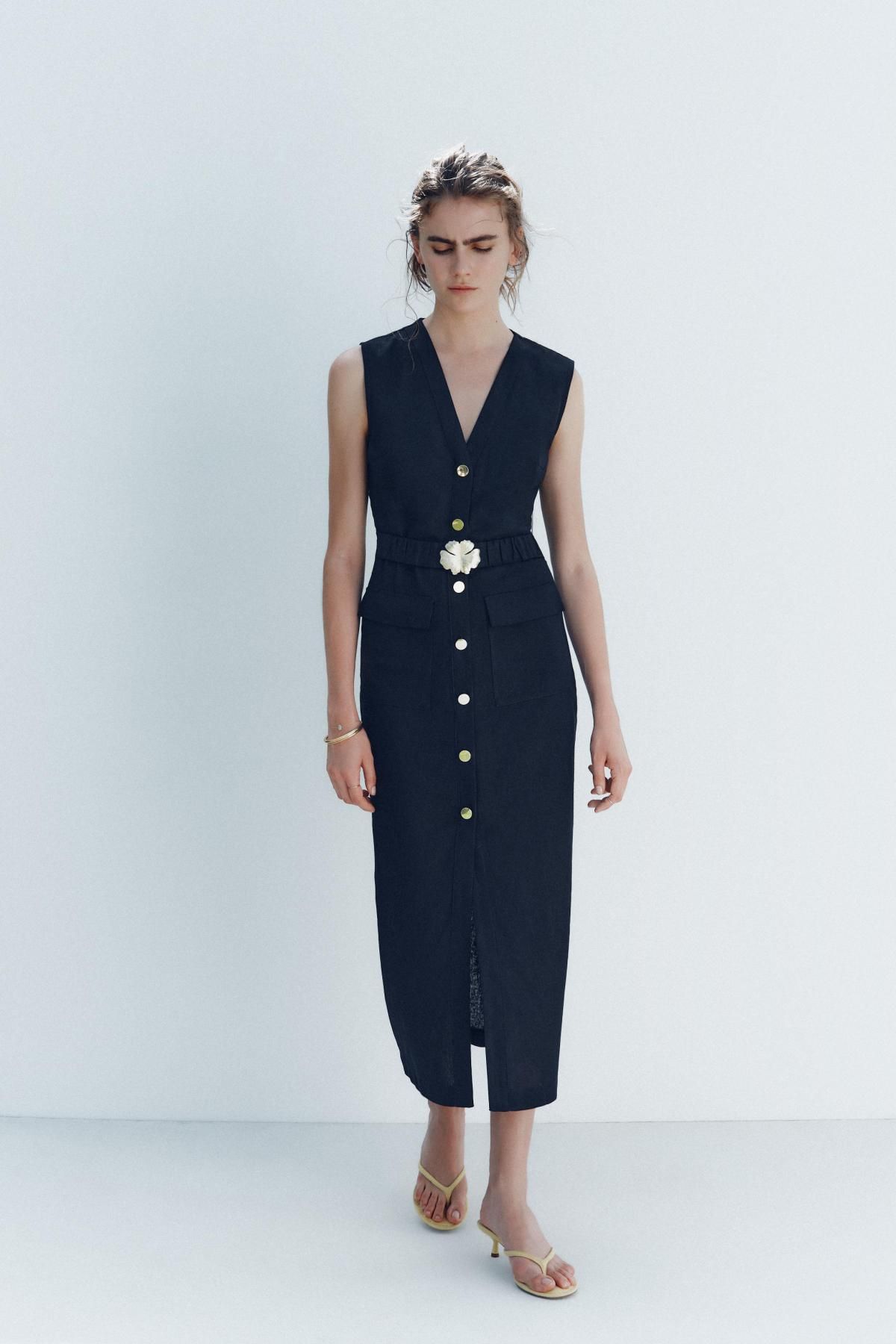 자라 린넨블렌드 미디 벨티드 원피스 8208/709 NAVY BLUE - 상세 이미지 2