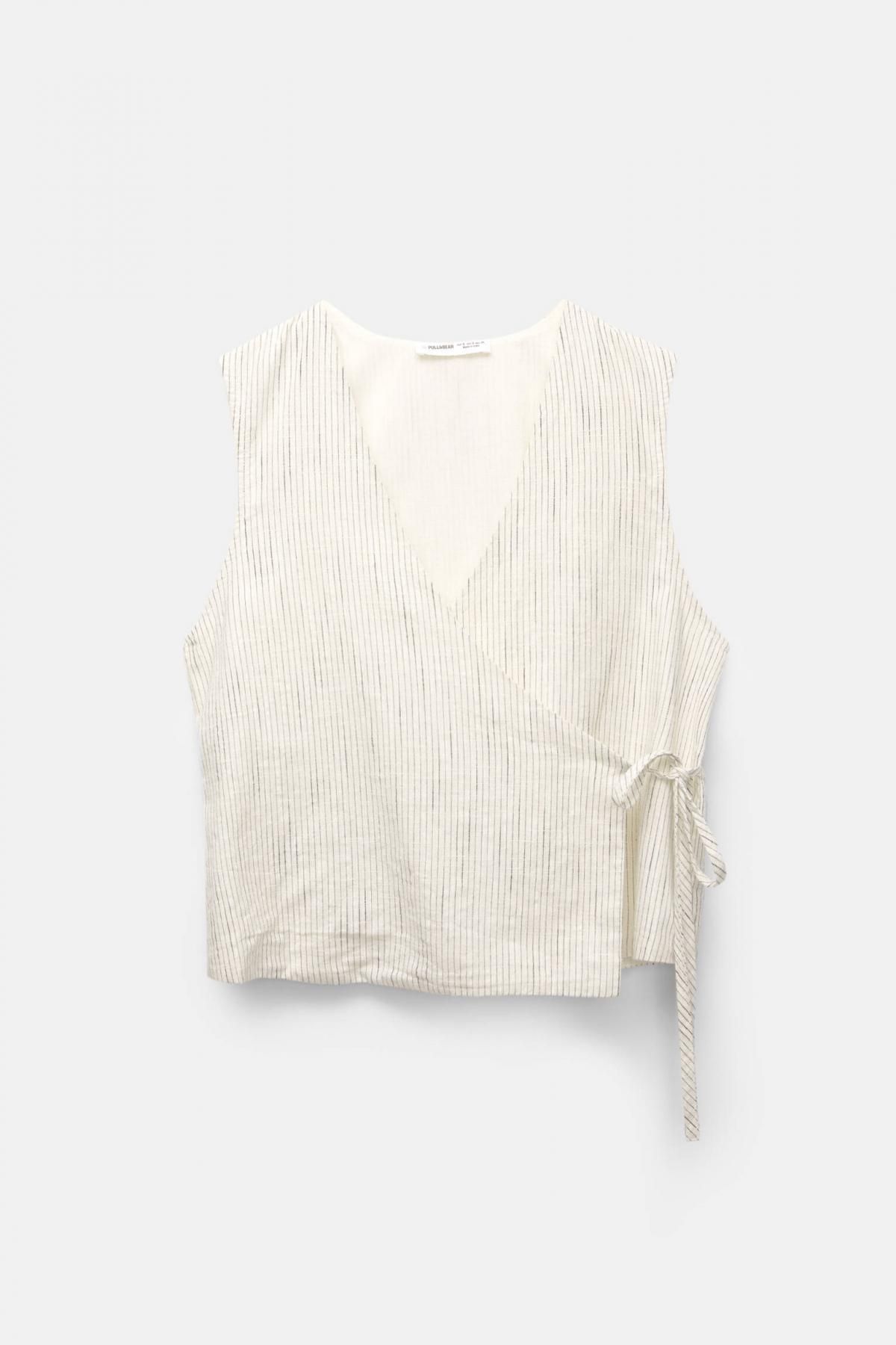 풀앤베어 내추럴 스트라이프 랩 민소매 블라우스 7472/309 MEDIUM ECRU - 상품 이미지