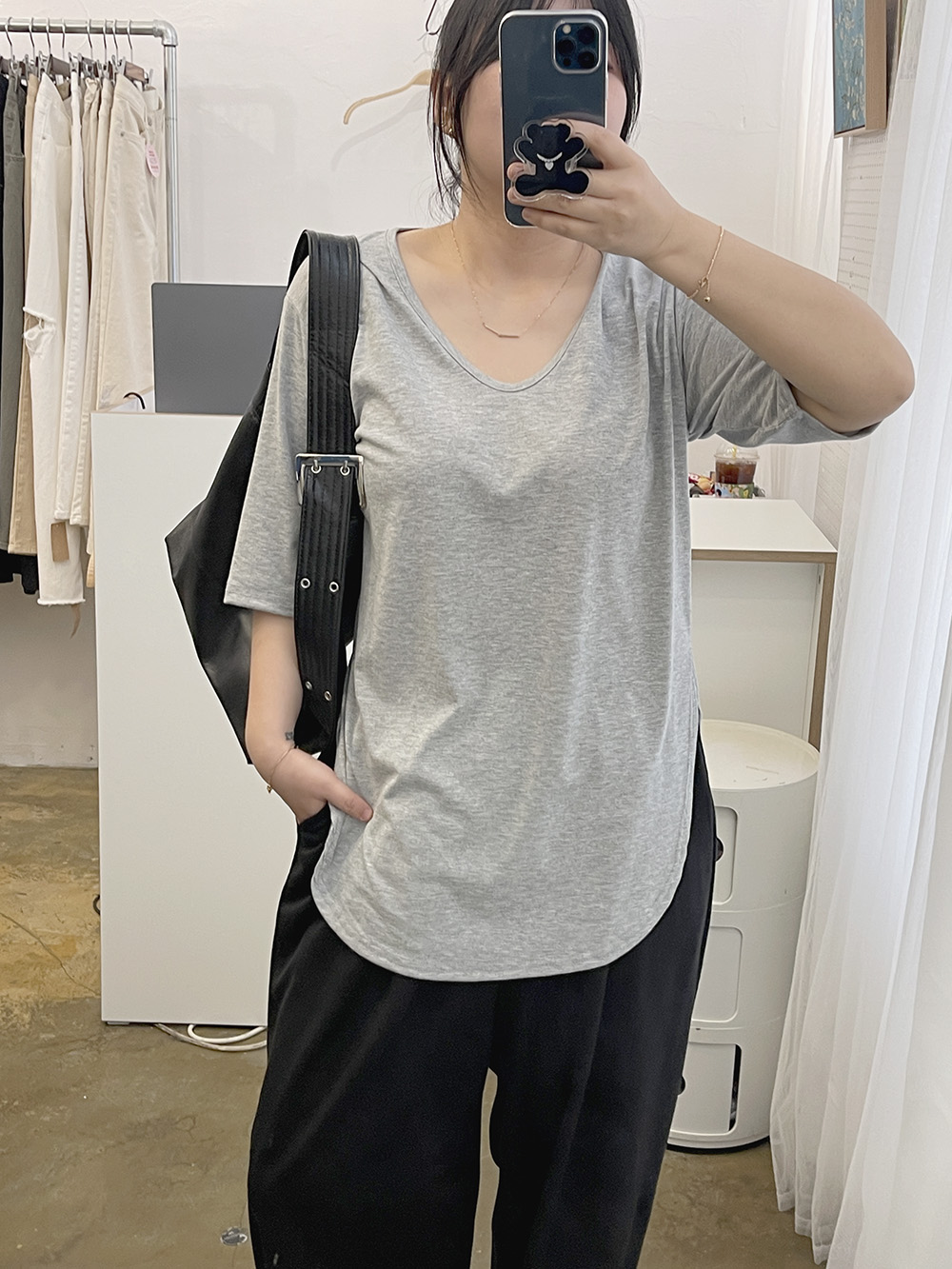 사계절 이너 힙덮는 U넥 써클 기모 반팔티셔츠 이미지 6