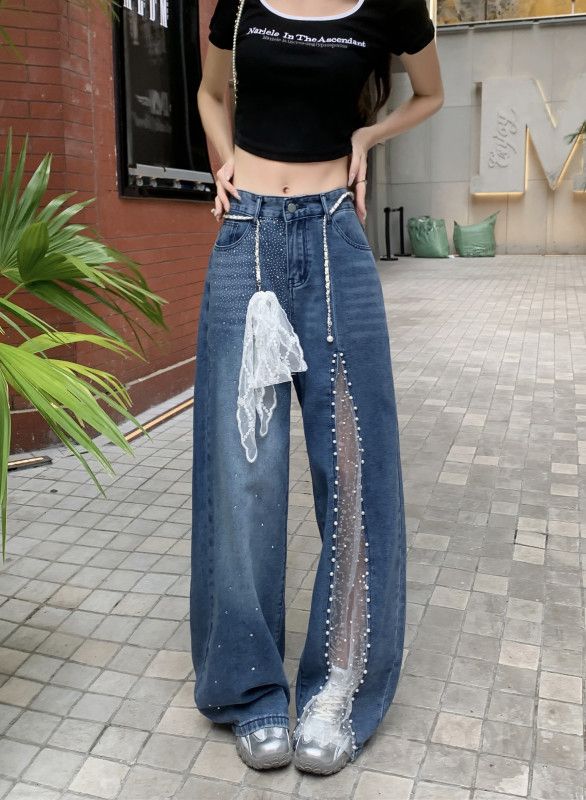 레이스 스플라이싱 여성 와이드 청바지 데님 진 여름 캐주얼 팬츠 시원한 착용감 다용도 스타일 편안한 외출용 디자인 - 상세 이미지 2