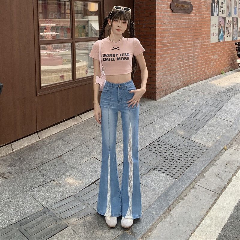 여성 플레어 데님 청바지 레이스 패치워크 빈티지 스타일 슬림 루즈핏 하이웨이스트 편안한 착용감 데일리 캐주얼 팬츠 - 메인 이미지