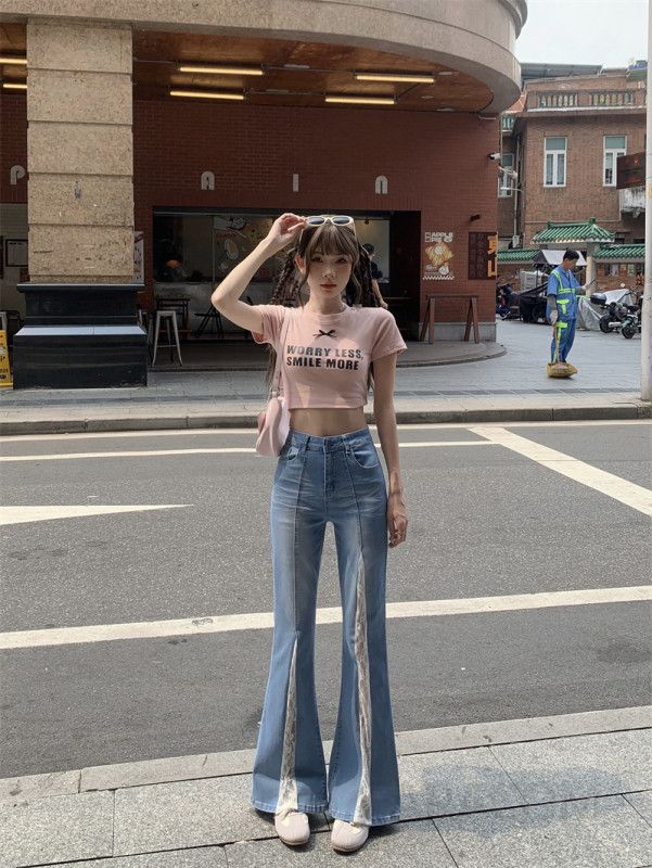 여성 플레어 데님 청바지 레이스 패치워크 빈티지 스타일 슬림 루즈핏 하이웨이스트 편안한 착용감 데일리 캐주얼 팬츠 - 상세 이미지 5