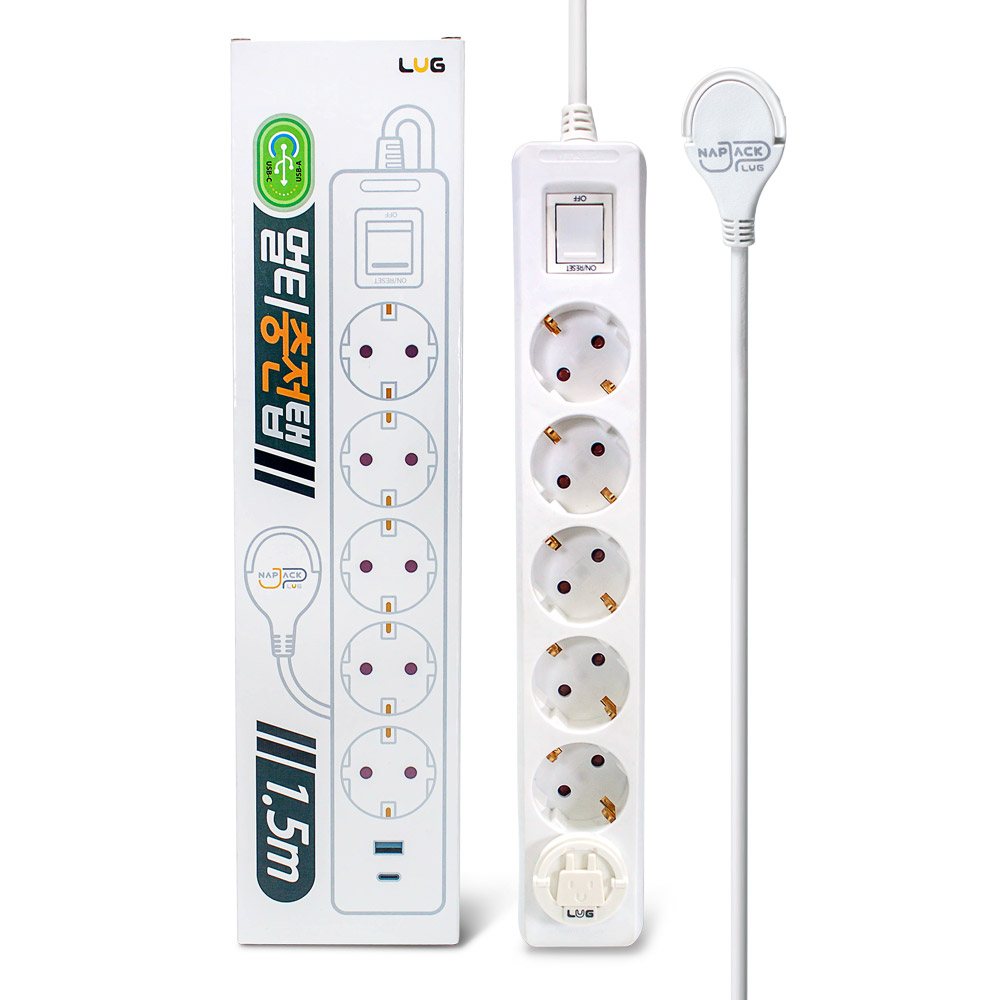 러그박스 5구 멀티탭 USB-C 타입 납작 플러그 안전커버 포함 1.5m, 화이트, 1개 - 상세 이미지 4