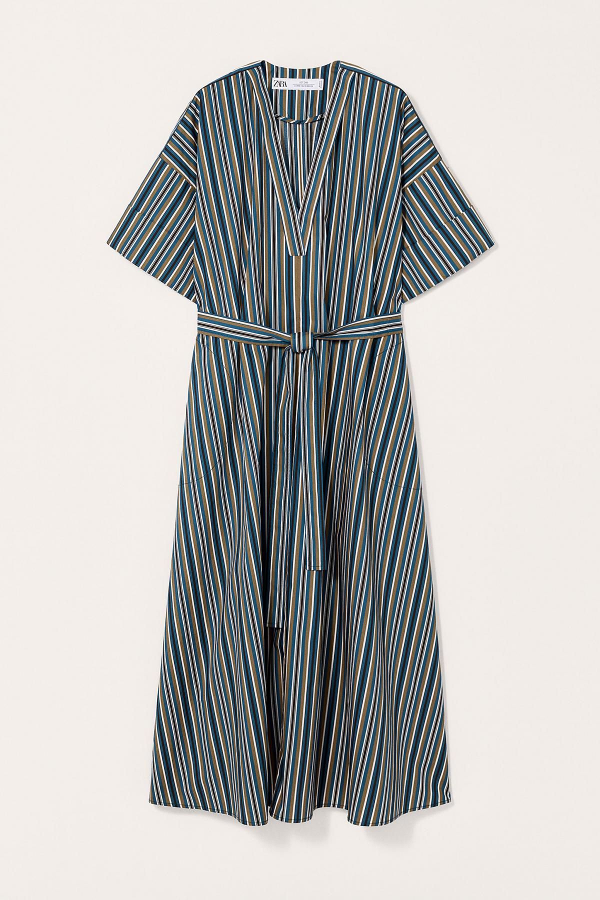 자라 스트라이프 벨티드 미디 원피스 3666/716 BROWN-BLUE - 메인 이미지
