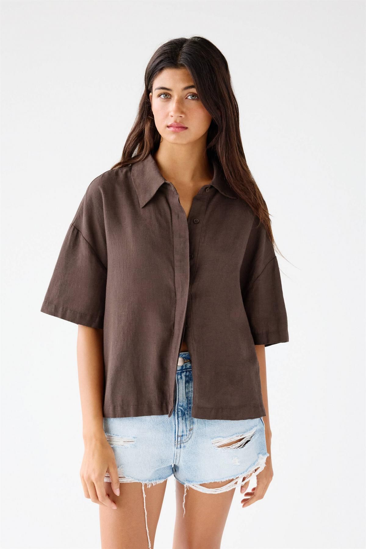 풀앤베어 내추럴 린넨 블렌드 반팔 셔츠 7472/336 BROWN - 상세 이미지 3