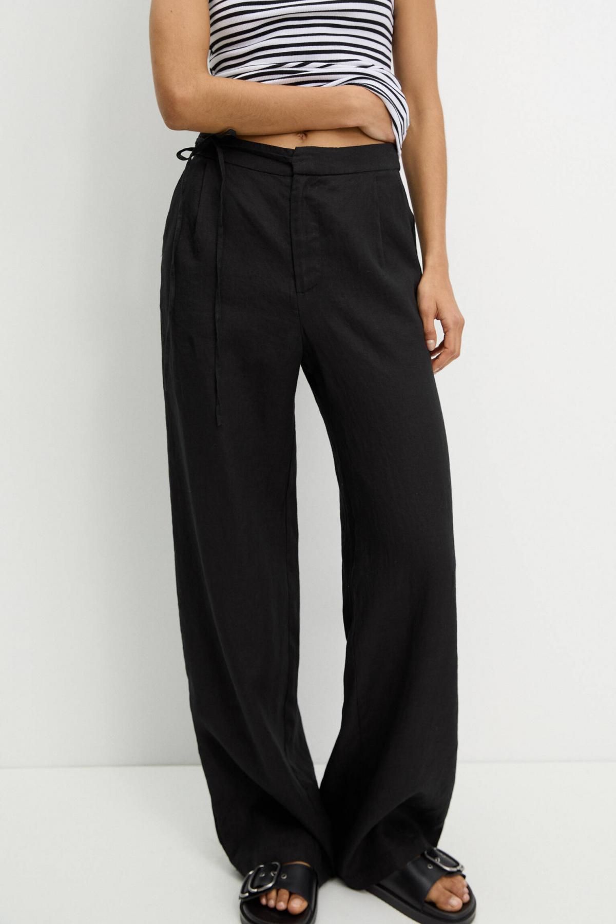 풀앤베어 100 린넨 사이드 타이 포켓 린넨 와이드 팬츠 3680/356 BLACK - 상품 이미지