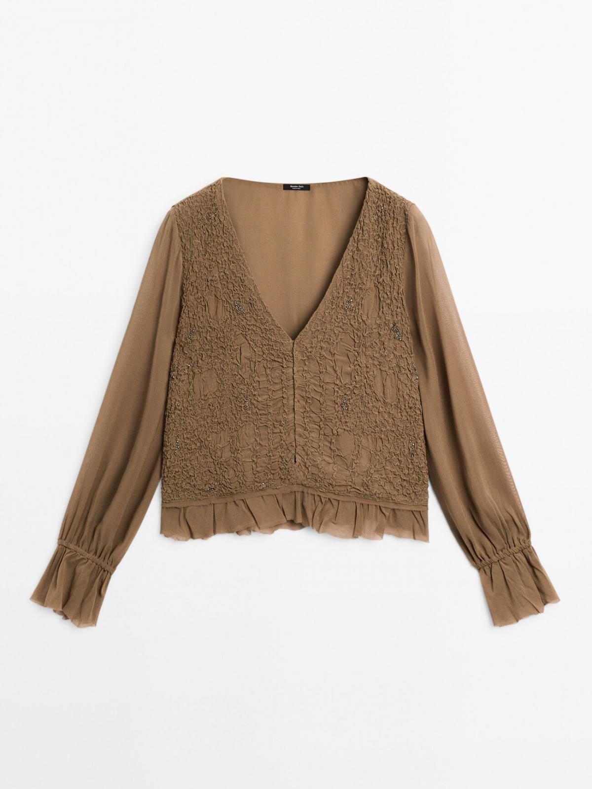 마시모두띠 러플 브이넥 텍스쳐드 시스루 블라우스 5154/972 PALE KHAKI - 상품 이미지