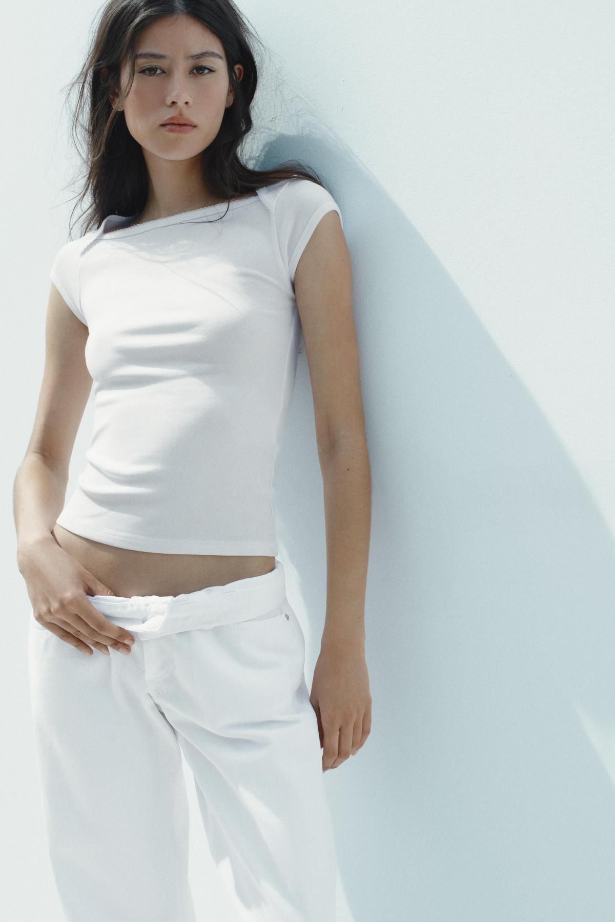 자라 슬림핏 스퀘어넥 코튼모달 반팔 티셔츠 3641/802 WHITE - 상세 이미지 5