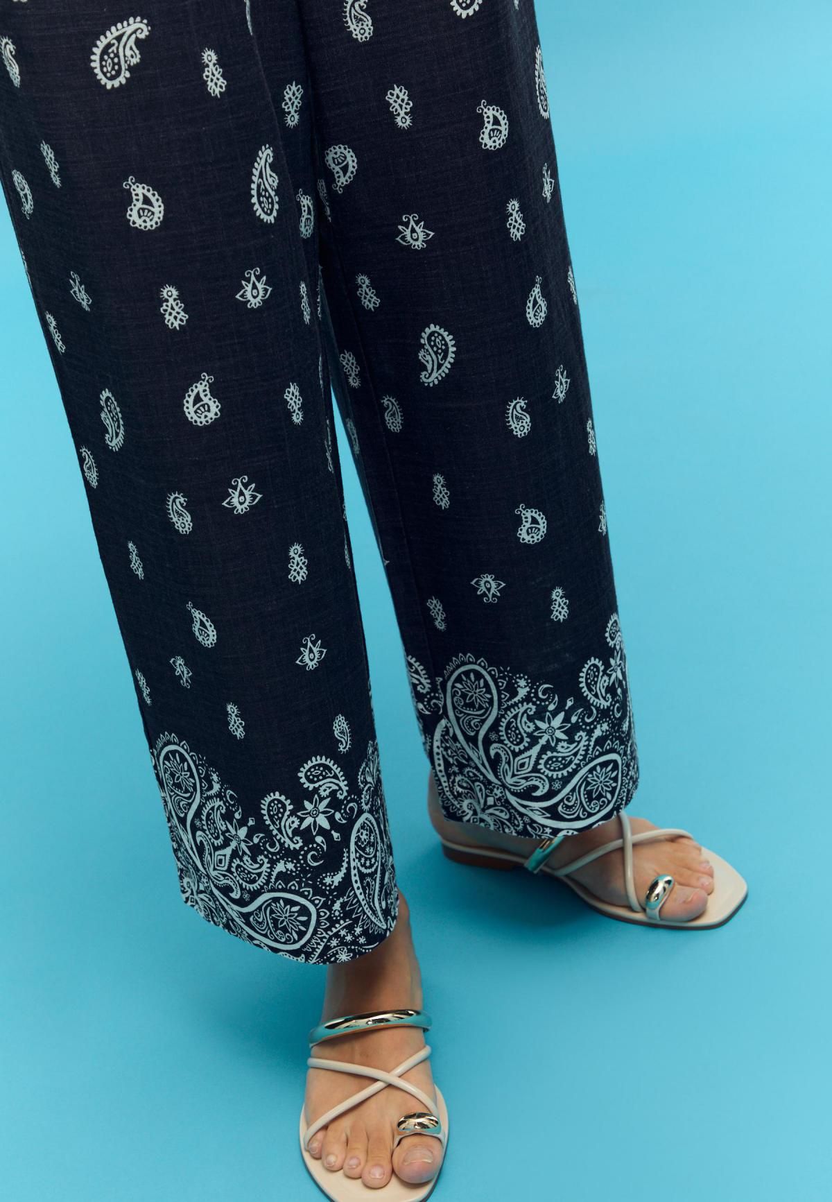 스트라디바리우스 페이즐리 패턴 와이드 린넨 큐롯 팬츠 1200/779 DARK BLUE - 상세 이미지 5