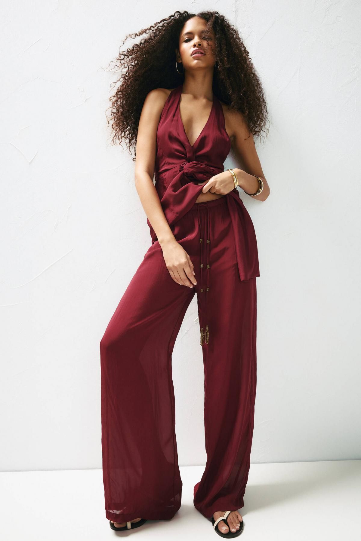 풀앤베어 버건디 플루이드 와이드 조거 팬츠 7675/345 MAROON - 상세 이미지 2