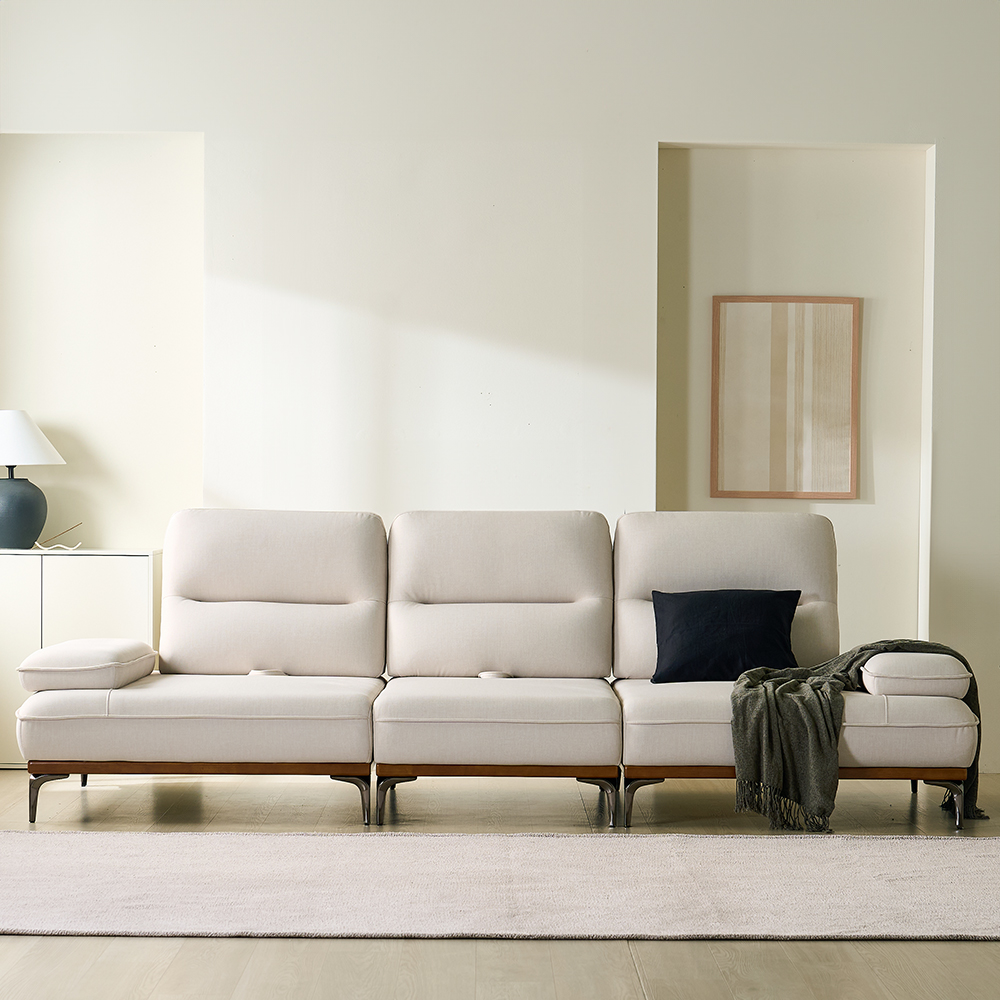 누아 듀얼 스윙 소파 천연원목 이지클린 프리미엄 패브릭 소파 스툴미포함, 라이트베이지, 4인용