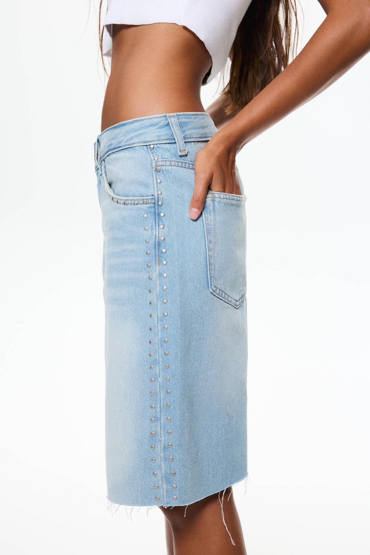 풀앤베어 트렌디 연청 배기핏 스터드 버뮤다 데님 반바지 7698/305 PALE BLUE - 상세 이미지 5